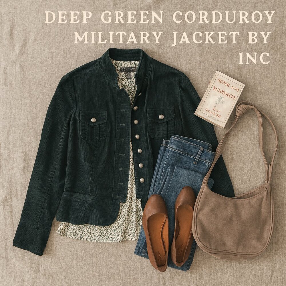 INC Petite Dark Green Corduroy Military Jacket Lined Cropped M - Picture 13 of 13